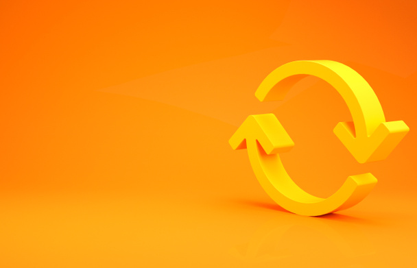 Icône jaune Rafraîchir isolé sur fond orange. Recharger le symbole. Flèches de rotation dans un signe de cercle. Concept de minimalisme. Illustration 3D rendu 3D
 - Photo, image