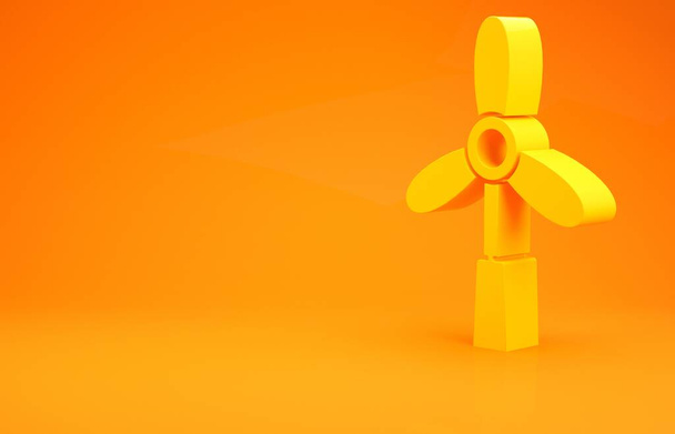 Ikona žluté větrné turbíny izolovaná na oranžovém pozadí. Značka generátoru větru. Větrný mlýn na výrobu elektrické energie. Minimalismus. 3D ilustrace 3D vykreslení - Fotografie, Obrázek