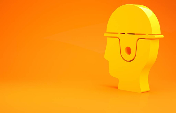 Keltainen työntekijä suojakypärä ikoni eristetty oranssi tausta. Minimalismin käsite. 3d kuva 3D renderöinti
 - Valokuva, kuva