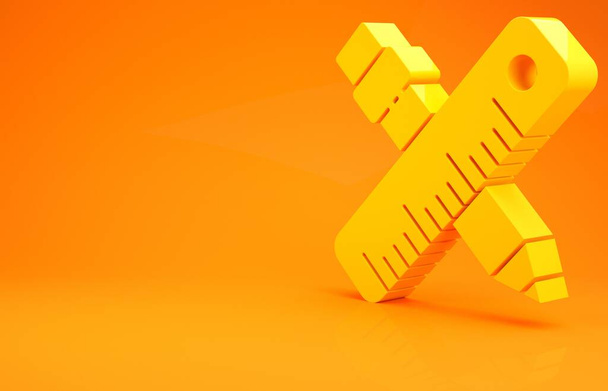 黄色オレンジの背景に孤立した十字形の定規と鉛筆アイコン。右端のシンボル。描画や教育ツール。最小限の概念。3Dイラスト3Dレンダリング - 写真・画像