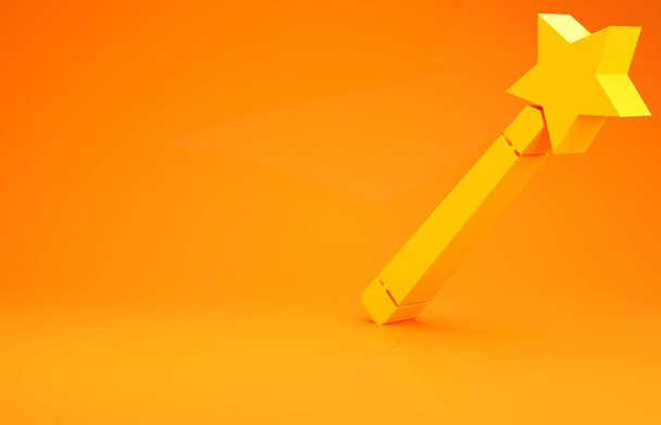 Ikona żółtej różdżki odizolowana na pomarańczowym tle. Magiczny dodatek w kształcie gwiazdy. Magiczna moc. Koncepcja minimalizmu. Ilustracja 3D 3D renderowania - Zdjęcie, obraz