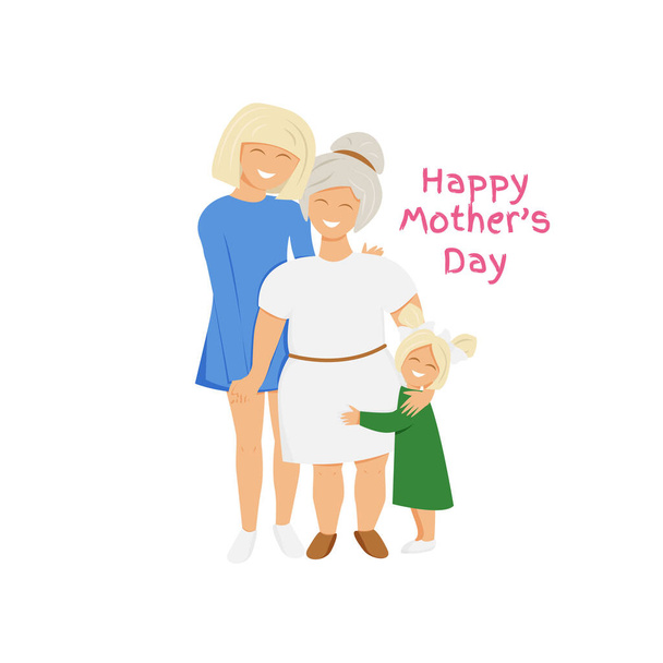 Vektorová ilustrace tří generací pohromadě. Blond roztomilá babička, matka a dcera objímající se. Plochý koncept design pro mezinárodní den matek izolované na bílém pozadí - Vektor, obrázek