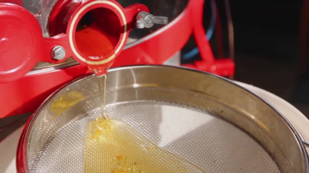 Honing stroomt uit de afzuigkap op de vergiet geplaatst in een witte emmer.Stream van verse honing lekt uit een centrifugale extractor in filter gemaakt van roestvrij stalen roosters, zeef. H.264 videocodec - Video