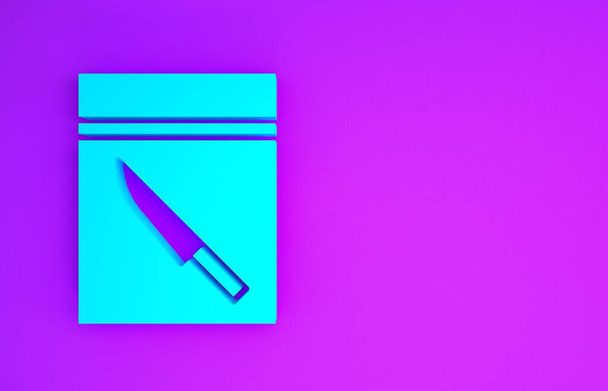 Голубая сумка Evidence и значок ножа изолированы на фиолетовом фоне. Концепция минимализма. 3D-рендеринг
 - Фото, изображение