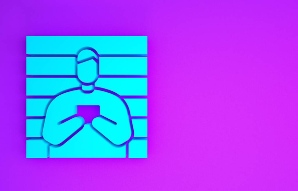 Niebieski podejrzany, ikona kryminalna odizolowana na fioletowym tle. Przestępca w więzieniu, podejrzany w pobliżu zarządu. Koncepcja minimalizmu. Ilustracja 3D 3D renderowania - Zdjęcie, obraz