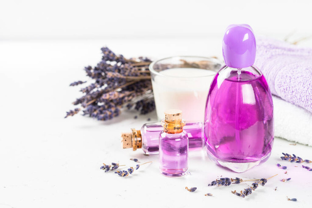 Lavender cosmetics on white background. - Φωτογραφία, εικόνα