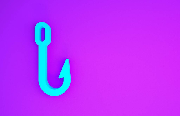 Blue Fishing hook icon isolated on purple background. Fishing tackle. Minimalism concept. 3d illustration 3D render - Photo, Image