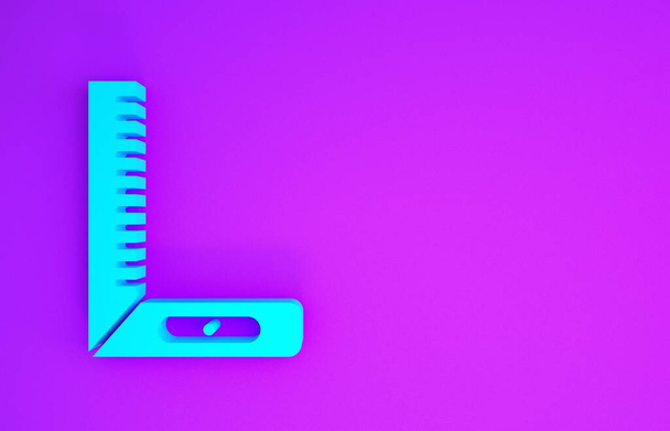 青色のコーナールーラーアイコンは紫色の背景に分離されます。正方形、角度定規、大工、測定機器、スケール。最小限の概念。3Dイラスト3Dレンダリング - 写真・画像