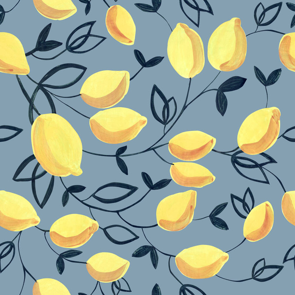 Gouache hladký vzor s dekorativními žlutými citróny a listy. Skvělé na tkaniny, balicí papíry, tapety, obaly. Šedé pozadí. - Fotografie, Obrázek