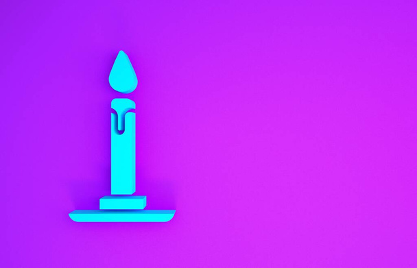 Blauwe Brandende kaars in kandelaar pictogram geïsoleerd op paarse achtergrond. Cilindrische kandelaar met brandende vlam. Minimalisme concept. 3d illustratie 3D renderen - Foto, afbeelding