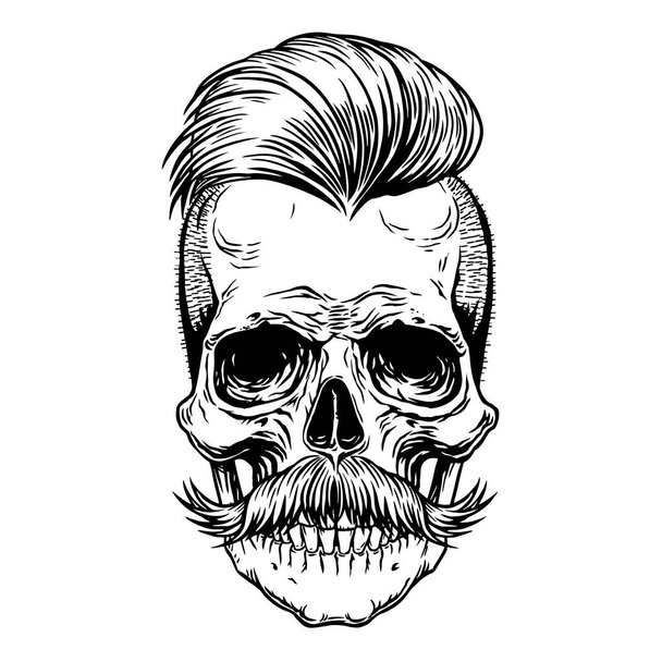 Barberman schedel met snor. Zwart tattoo ontwerp Handgetekende lijn kunst vector illustratie voor ontwerp print shirt, poster, textiel, tatoeage, omslag - Vector, afbeelding