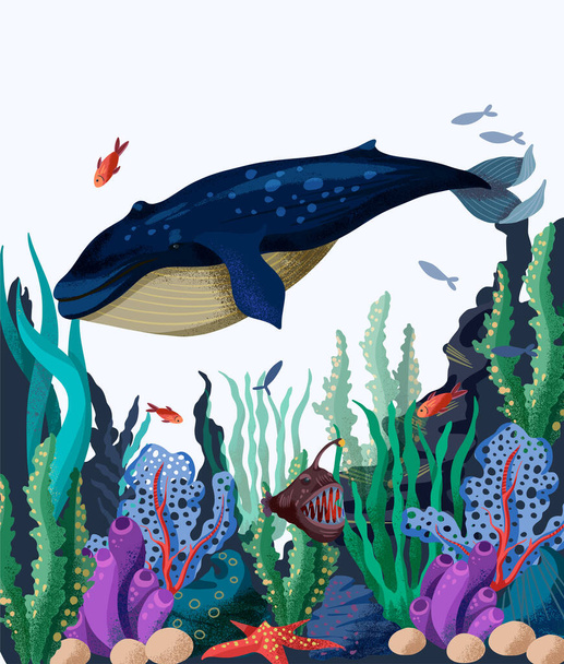 Illustration vectorielle des fonds marins avec baleines, poissons et plantes marines
. - Vecteur, image