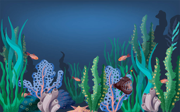 Vektorillustration des Meeresbodens mit Fischen und Meerespflanzen. - Vektor, Bild