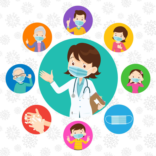 Doctor and family wear a medical face mask.family and Doctor wearing protective Medical mask from virus covid-19. - Vector, Image