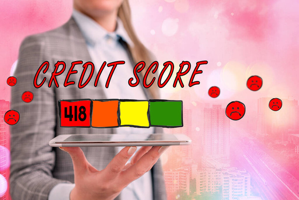 Conceptual hand writing showing Credit Score. Business photo showcasing Report credit score for banking application to asses risk based on the behaviours of the user or client. Assessing credit score - Photo, Image