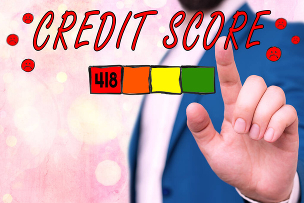 Text sign showing Credit Score. Conceptual photo Report credit score for banking application to asses risk based on the behaviours of the user or client. Assessing credit score for mortgage or loan - Photo, Image