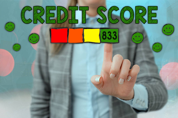 Handwriting text writing Credit Score. Concept meaning Report credit score for banking application to asses risk based on the behaviours of the user or client. Assessing credit score for mortgage or - Photo, Image