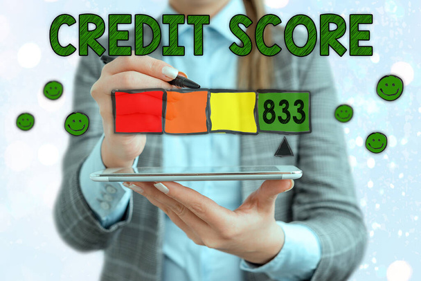 Text sign showing Credit Score. Conceptual photo Report credit score for banking application to asses risk based on the behaviours of the user or client. Assessing credit score for mortgage or loan - Foto, afbeelding