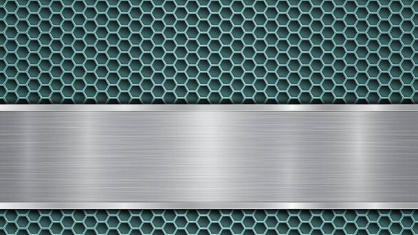 Hintergrund aus hellblauer perforierter metallischer Oberfläche mit Löchern und horizontaler silberpolierter Platte mit metallischer Struktur, grellen und glänzenden Kanten - Vektor, Bild