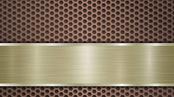 Background of bronze perforated metallic surface with holes and horizontal golden polished plate with a metal texture, glares and shiny edges - Vector, Image