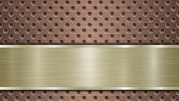 Background of bronze perforated metallic surface with holes and horizontal golden polished plate with a metal texture, glares and shiny edges - Vector, Image