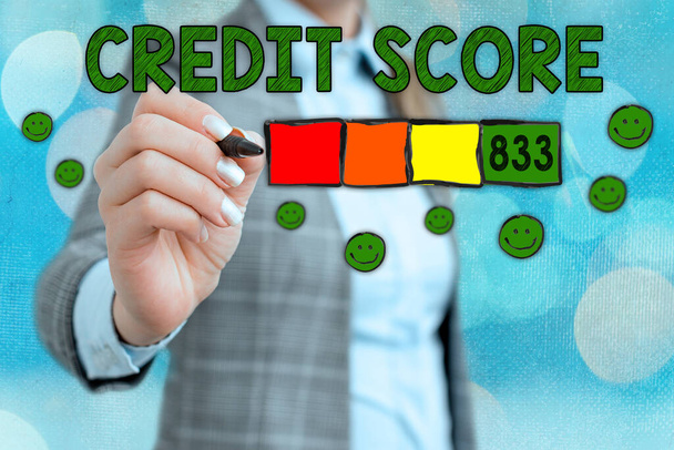 Word writing text Credit Score. Business concept for Report credit score for banking application to asses risk based on the behaviours of the user or client. Assessing credit score for mortgage or - Φωτογραφία, εικόνα