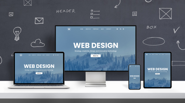 異なるディスプレイデバイス上のレスポンシブWebデザインページプロモーション。オフィススタジオの机の概念は、壁にWebグラフィック要素と - 写真・画像