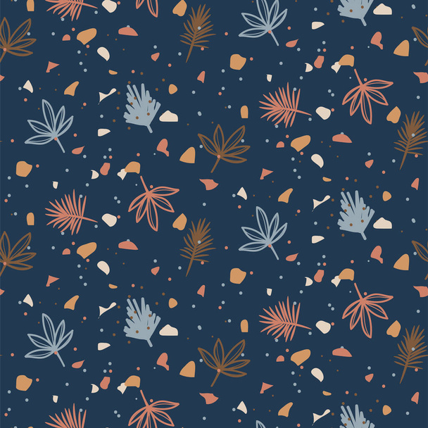 Seamless pattern with plants and terrazzo particles. Vector dark blue background. - Vektor, Bild