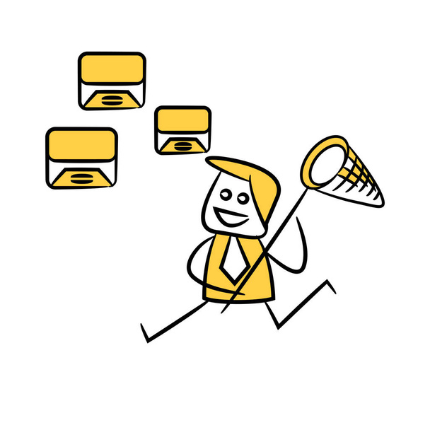 zakenman met behulp van lepel net om mails te vangen geel stick figuur ontwerp - Vector, afbeelding