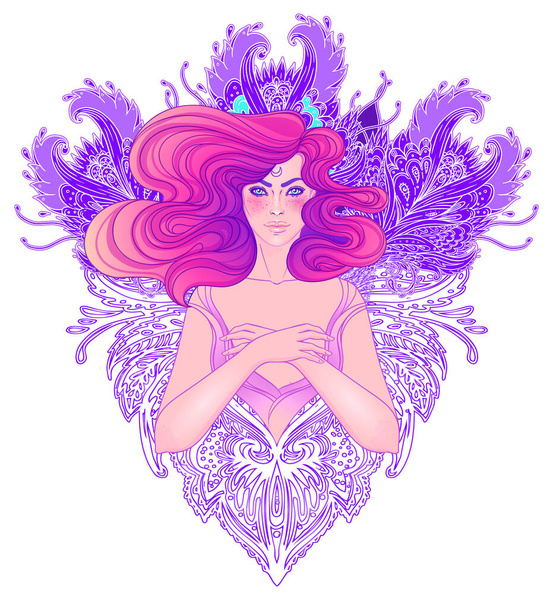 Pretty fairy elf. Portrait of young woman view with long hair. Pixie pagan princess. Vector isolated illustration. Fantasy, spirituality, occultism, tattoo. Sticker design. - Vecteur, image