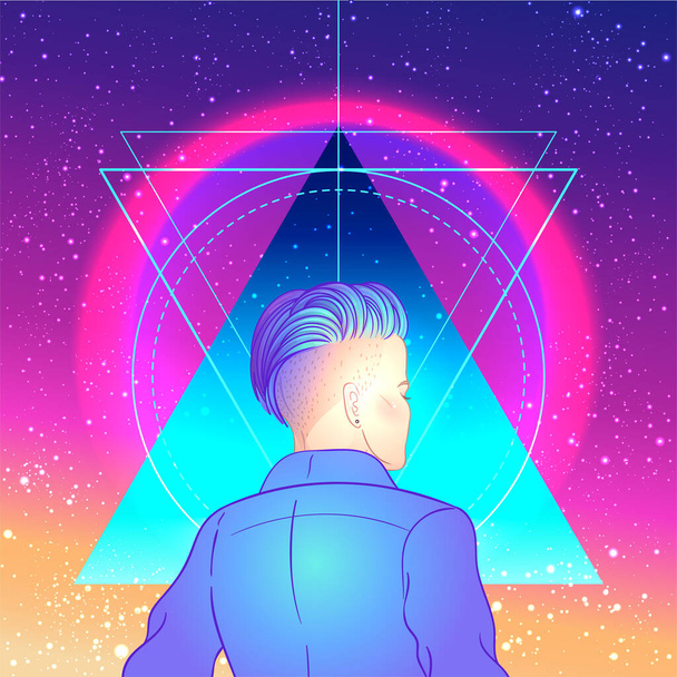Portrait of a young pretty androgynous woman with short shaved pixie undercut in retro futurism style. Vector illustration in neon bright colors. Blue short hair. futuristic synth wave - Vektör, Görsel