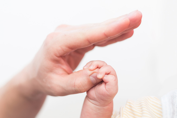 Baby hand gently holding adult's finger - Photo, Image