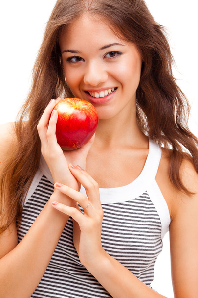 Closeup woman face portrait with apple - Фото, зображення