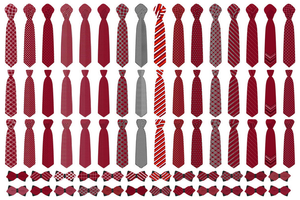 Illustration on theme big colored set neckties different types, bow tie various size. Necktie consisting of collection textile garments bow tie for beauty. Bow tie is accessory brutal man in necktie. - Vector, Image