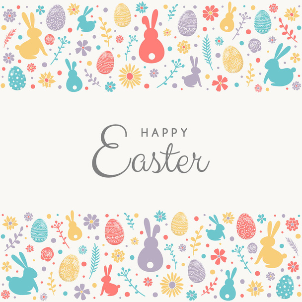 Colourful eggs, bunnies and flowers on background with Happy Easter wishes. Vector - Vecteur, image