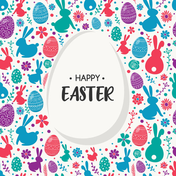 Cute bunnies, eggs and flowers on background with Happy Easter wishes. Vector - Vecteur, image