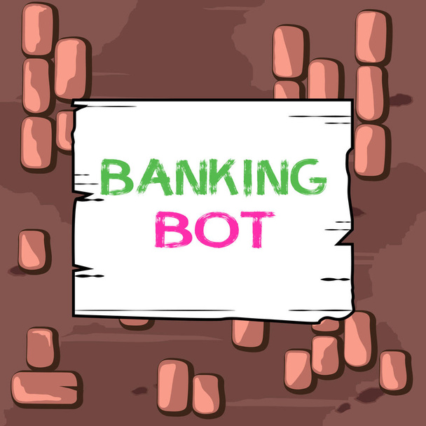 Word writing text Banking Bot. Business concept for application that runs automated banking tasks over the Internet Wooden square plank empty frame slots grooves wood panel colored board lumber. - Фото, зображення