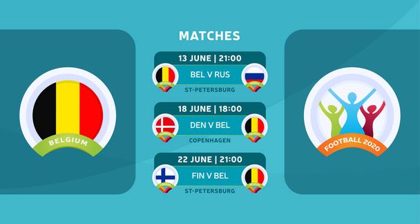 Spielplan der belgischen Nationalmannschaft in der Endphase der Fußball-Europameisterschaft 2020. Vektorillustration mit dem offiziellen Kies von Fußballspielen. - Vektor, Bild