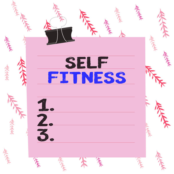 Handwriting text writing Self Fitness. Concept meaning state of health and wellbeing and the ability to perform Paper lines binder clip cardboard blank square notebook color background. - Zdjęcie, obraz
