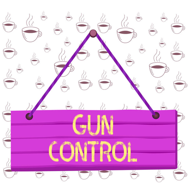 Writing note showing Gun Control. Business photo showcasing legal measure intended to restrict the possession of guns Wood plank nail pin string board colorful background wooden panel fixed. - Photo, Image