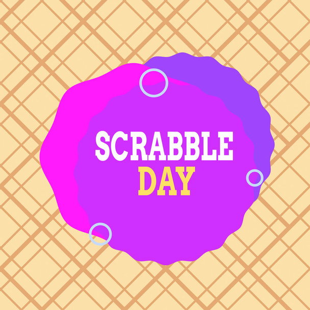 Writing note showing Scrabble Day. Business photo showcasing a day to celebrate the popular board game created in 1938 Asymmetrical format pattern object outline multicolor design. - Photo, Image