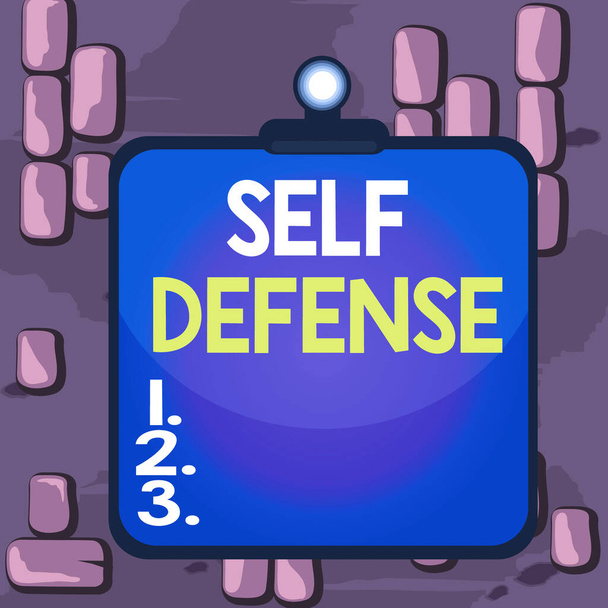 Word writing text Self Defense. Business concept for the act of defending one s is demonstrating when physically attacked Clipboard colorful background spring clip stuck bind empty plank frame. - Photo, Image
