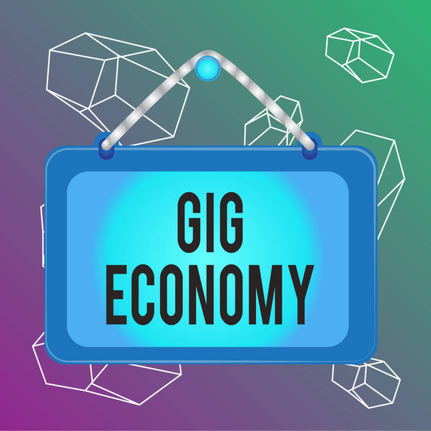 ワードライティングテキスト｜Gig Economy.一時的な位置が一般的である自由市場システムのためのビジネスコンセプトボード固定爪フレーム文字列ストライプ色の背景長方形パネル. - 写真・画像