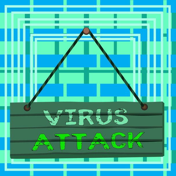Text sign showing Virus Attack. Conceptual photo malicious program that perform actions unauthorized by the user Wood plank nail pin string board colorful background wooden panel fixed. - Photo, Image