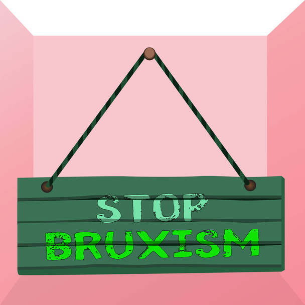 Fogalmi kézírás a Stop Bruxism-ról. Üzleti fotó szöveg véget vet annak a feltételnek, amely őröl vagy szorít a fogak Fa deszka köröm pin színes háttér fa panel rögzített. - Fotó, kép