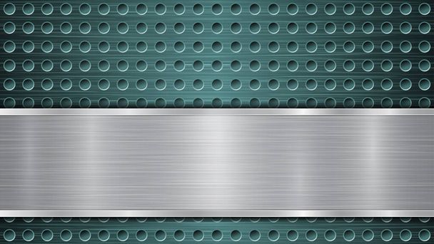 Fond de surface métallique perforée bleu clair avec trous et plaque horizontale argentée polie avec une texture métallique, des reflets et des bords brillants
 - Vecteur, image