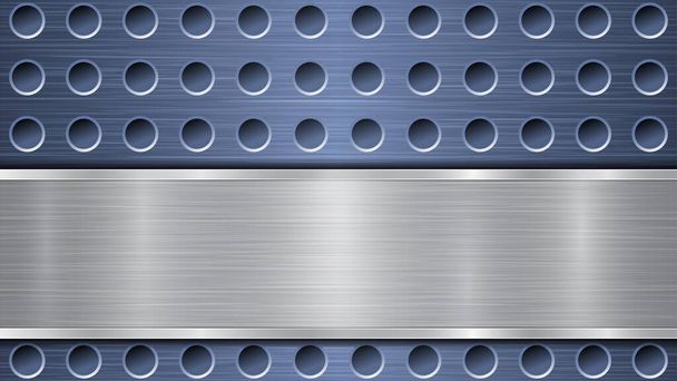 Фон синьої перфорованої металевої поверхні з отворами та горизонтальною срібною полірованою пластиною з металевою текстурою, блискавками та блискучими краями
 - Вектор, зображення
