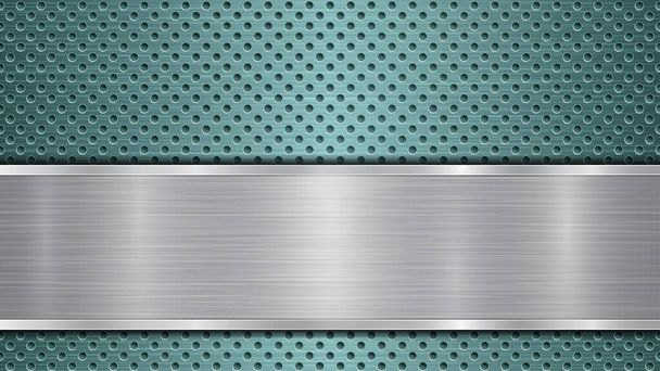 Achtergrond van lichtblauwe geperforeerde metalen oppervlak met gaten en horizontale zilver gepolijste plaat met een metalen textuur, glares en glanzende randen - Vector, afbeelding