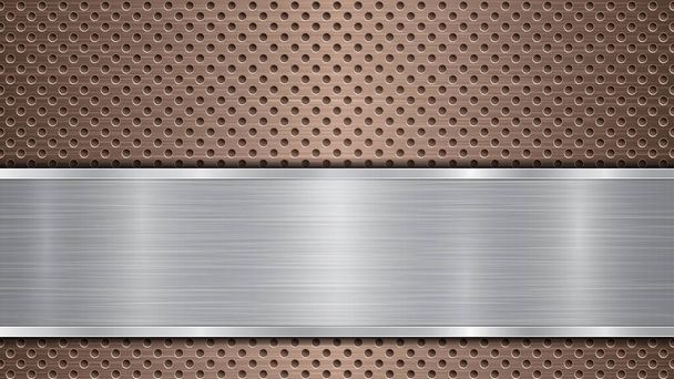 Hintergrund aus Bronze perforierte metallische Oberfläche mit Löchern und horizontale silberpolierte Platte mit einer Metallstruktur, grelle und glänzende Kanten - Vektor, Bild