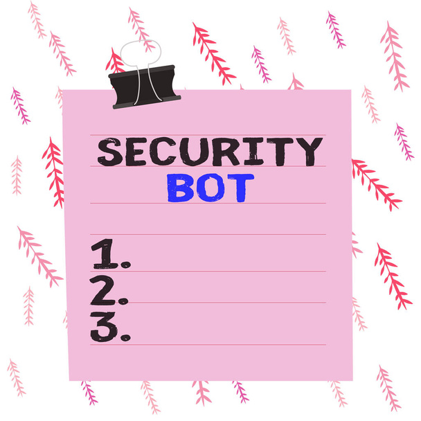 Handwriting text writing Security Bot. Concept meaning software that performs an automated task over the Internet Paper lines binder clip cardboard blank square notebook color background. - Photo, Image